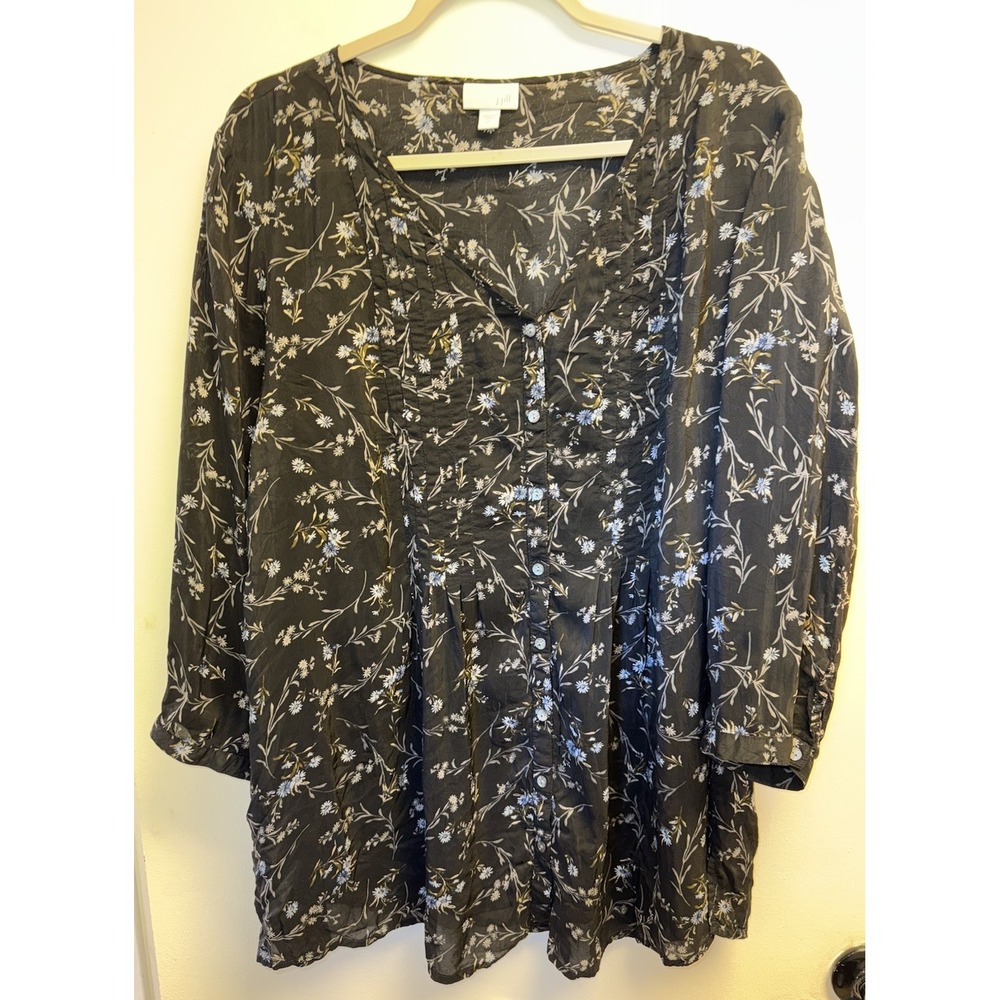 J. Jill Blouse Pleated Black Blue Floral Rayon Button Up Lightweight 3/4 Slv XL